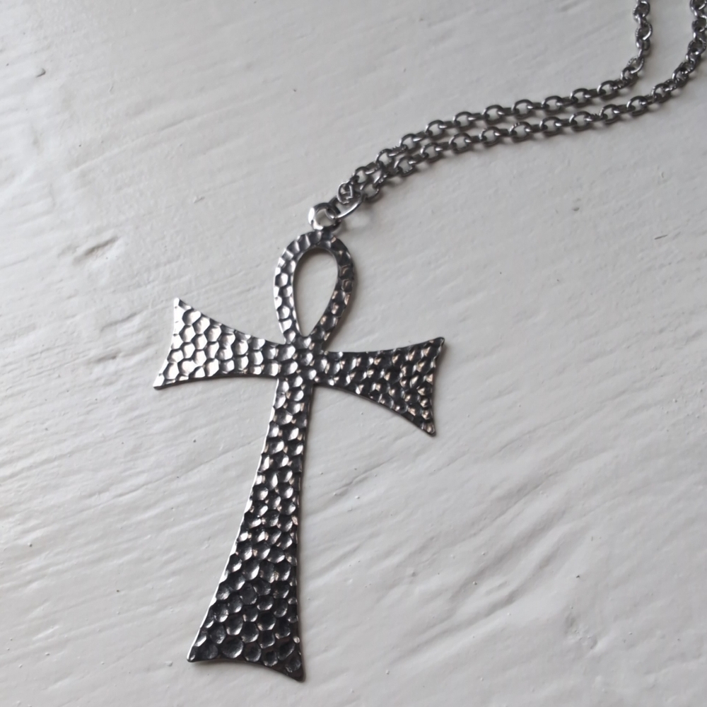 Silver tone large hammered ankh pendant on chain